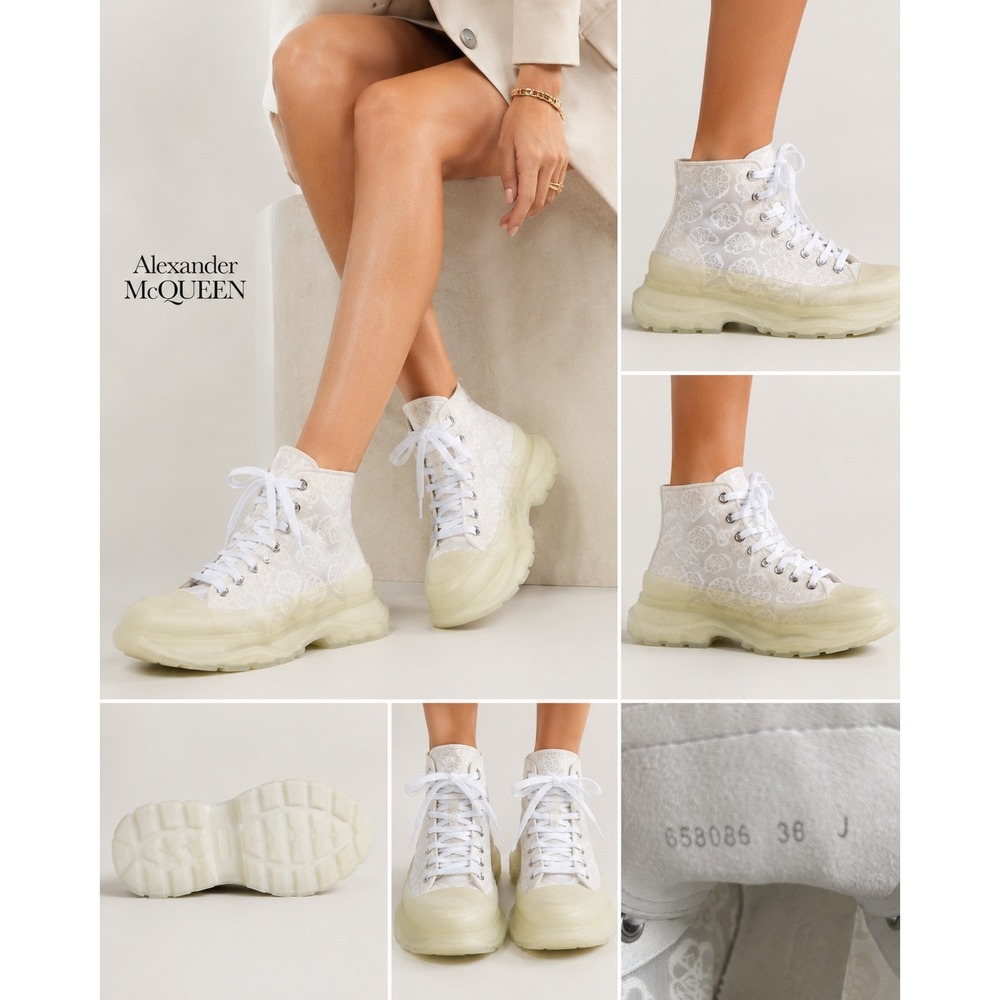 Alexander McQueen White Mesh Seal Logo Tread Slick High Top Sneakers 36 658086